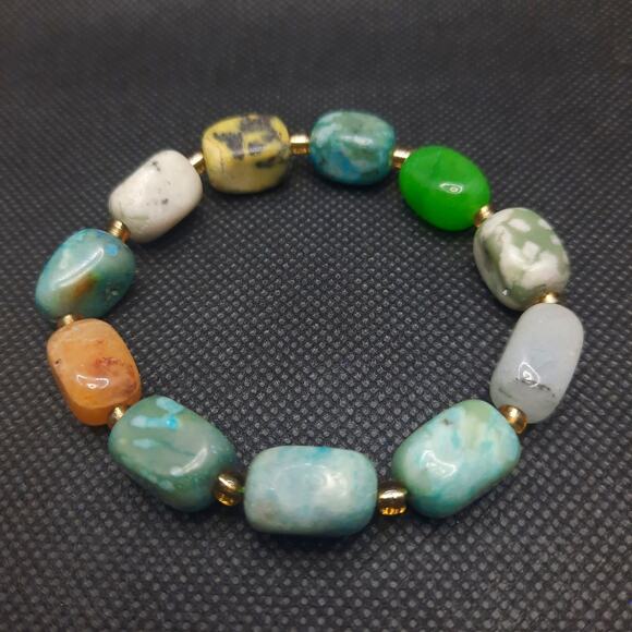 Mixed Gemstone Nugget Bracelet Artisan Large Beaded Gold Tone Stretch New - Picture 10 of 12